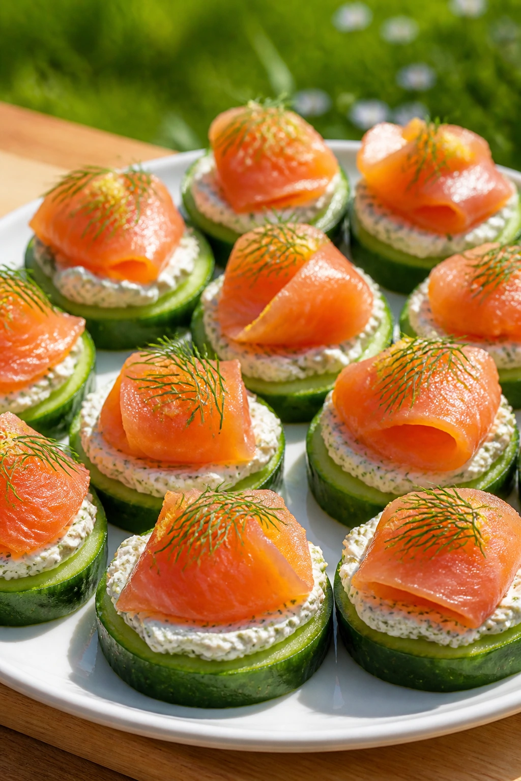 Close-up of smoked salmon cucumber rounds on a plate outdoors