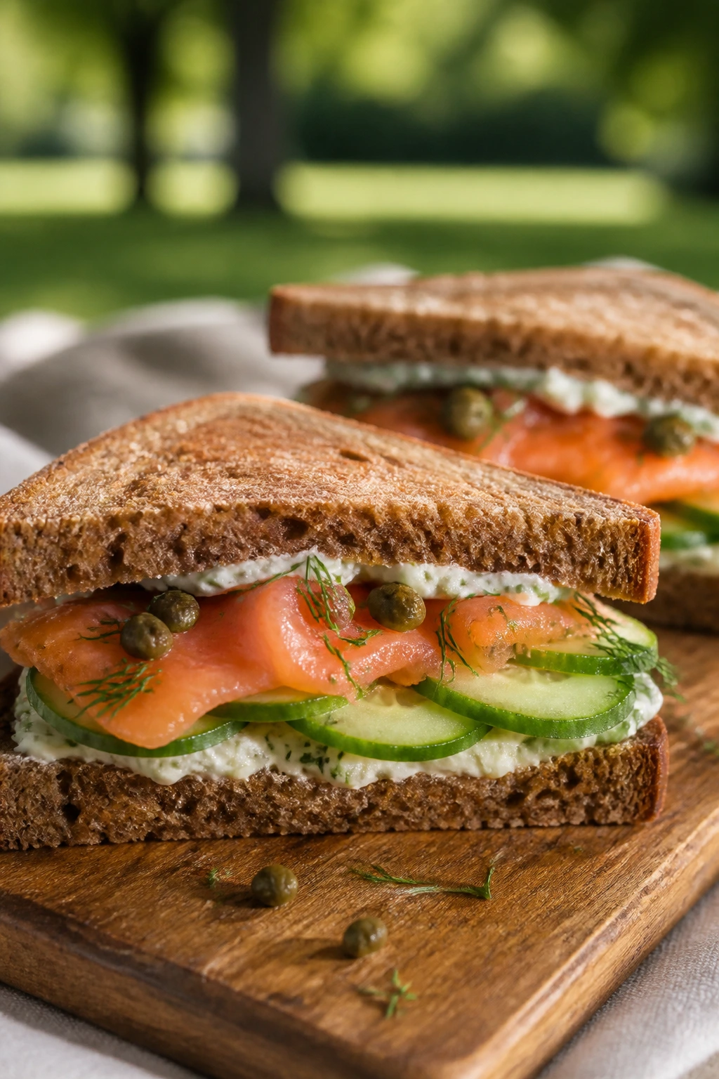 Close-up of smoked salmon cucumber sandwich on rye in outdoor picnic setting