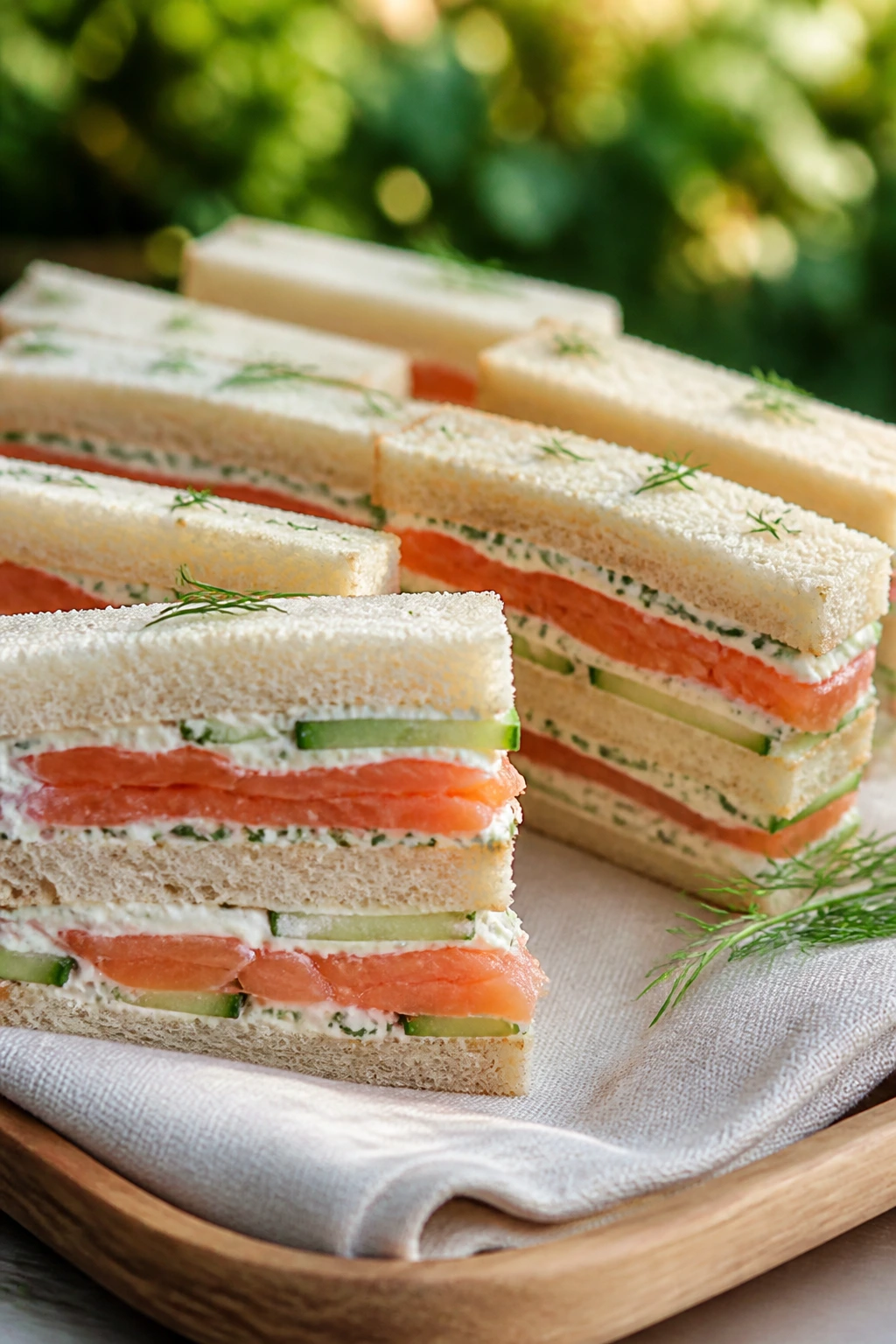 Close-up of smoked salmon cucumber tea sandwiches neatly arranged on a tray