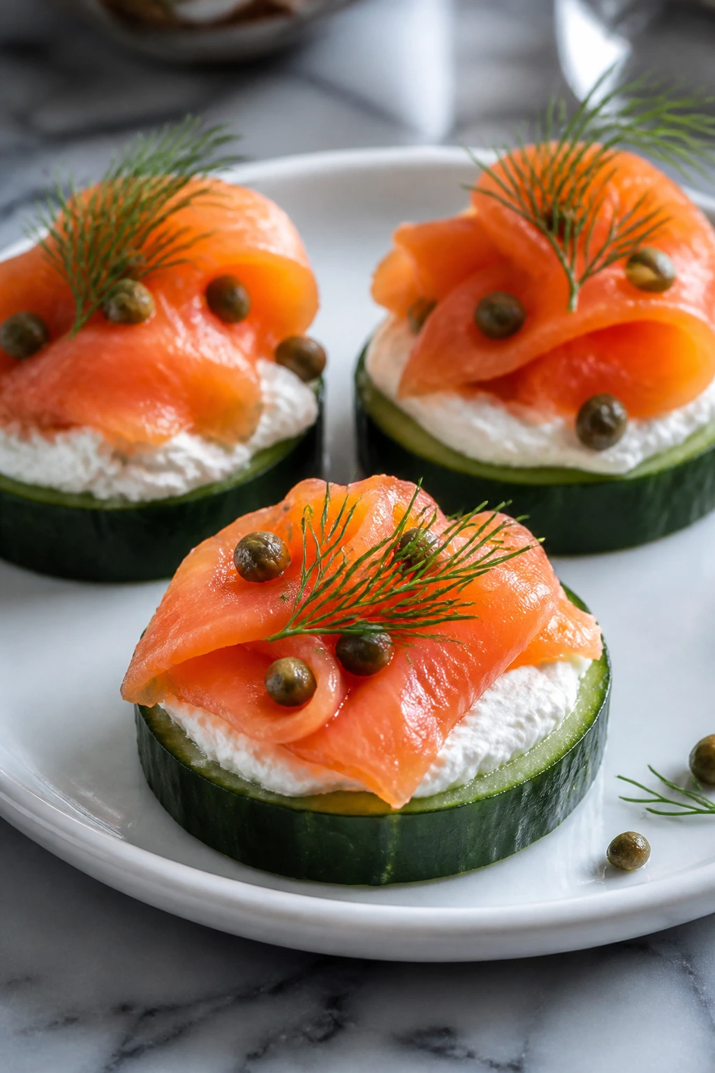Cucumber stacks with cream cheese and smoked salmon