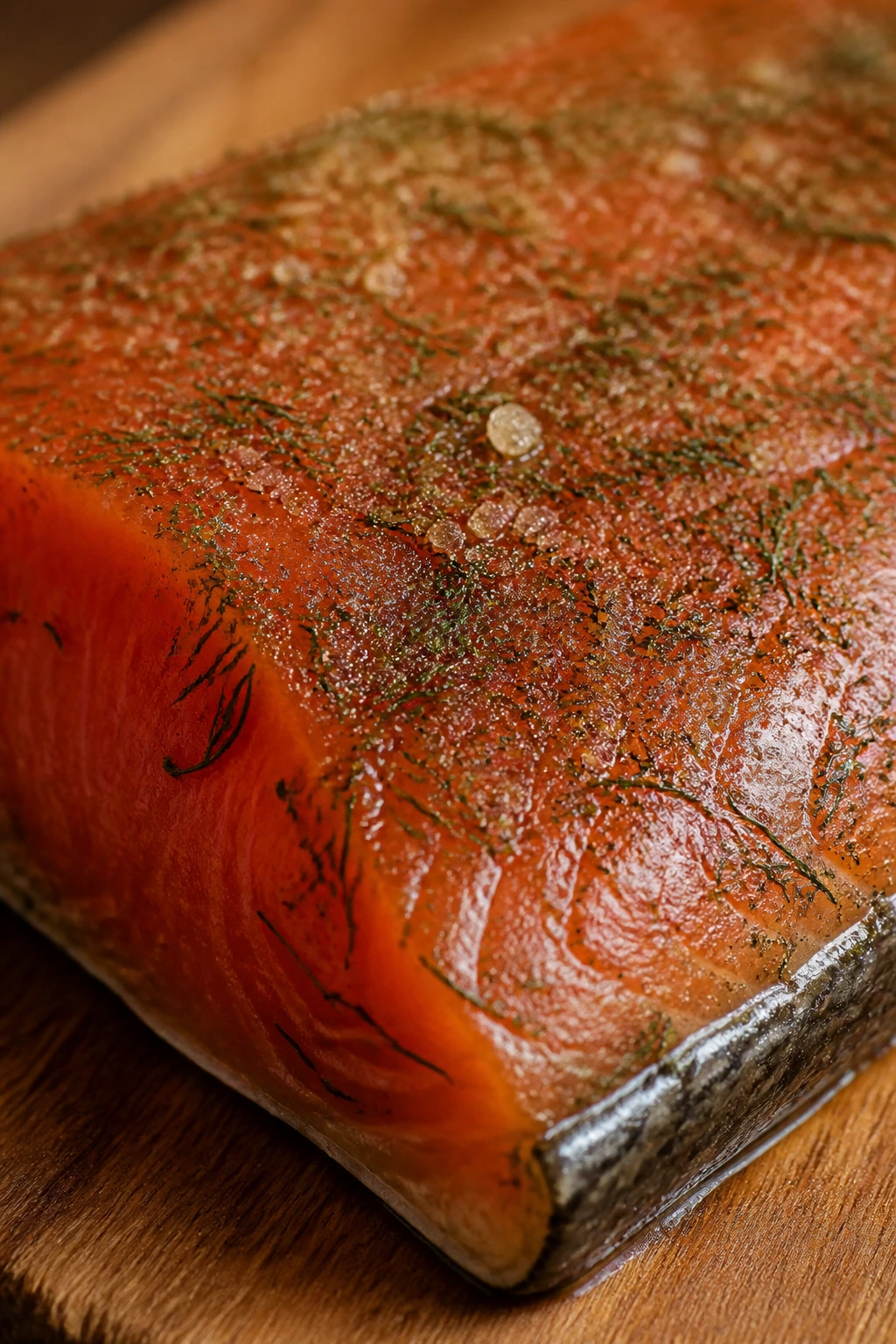 Close-up of salmon fillet with brown sugar dill cure