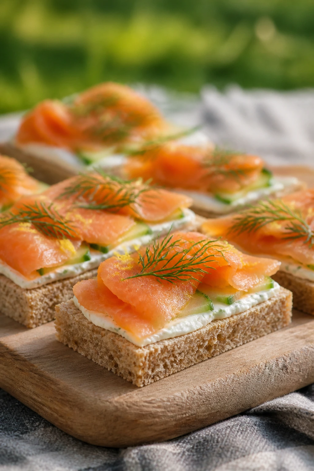 Smoked salmon finger sandwich on rye with lemon zest and dill outdoors