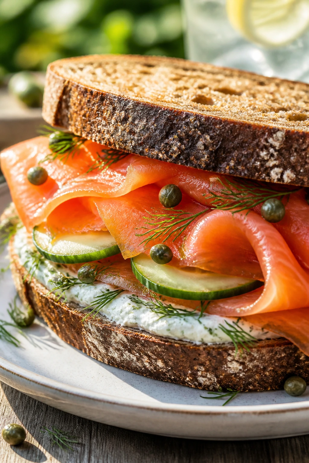 Smoked salmon and dill sandwich on rye bread with cucumber and capers outdoors