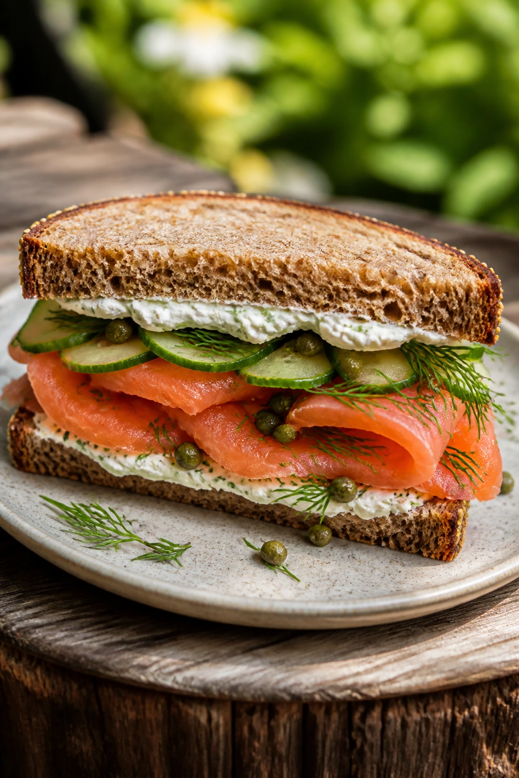 Close-up of a smoked salmon dill sandwich on rye with cream cheese and cucumber