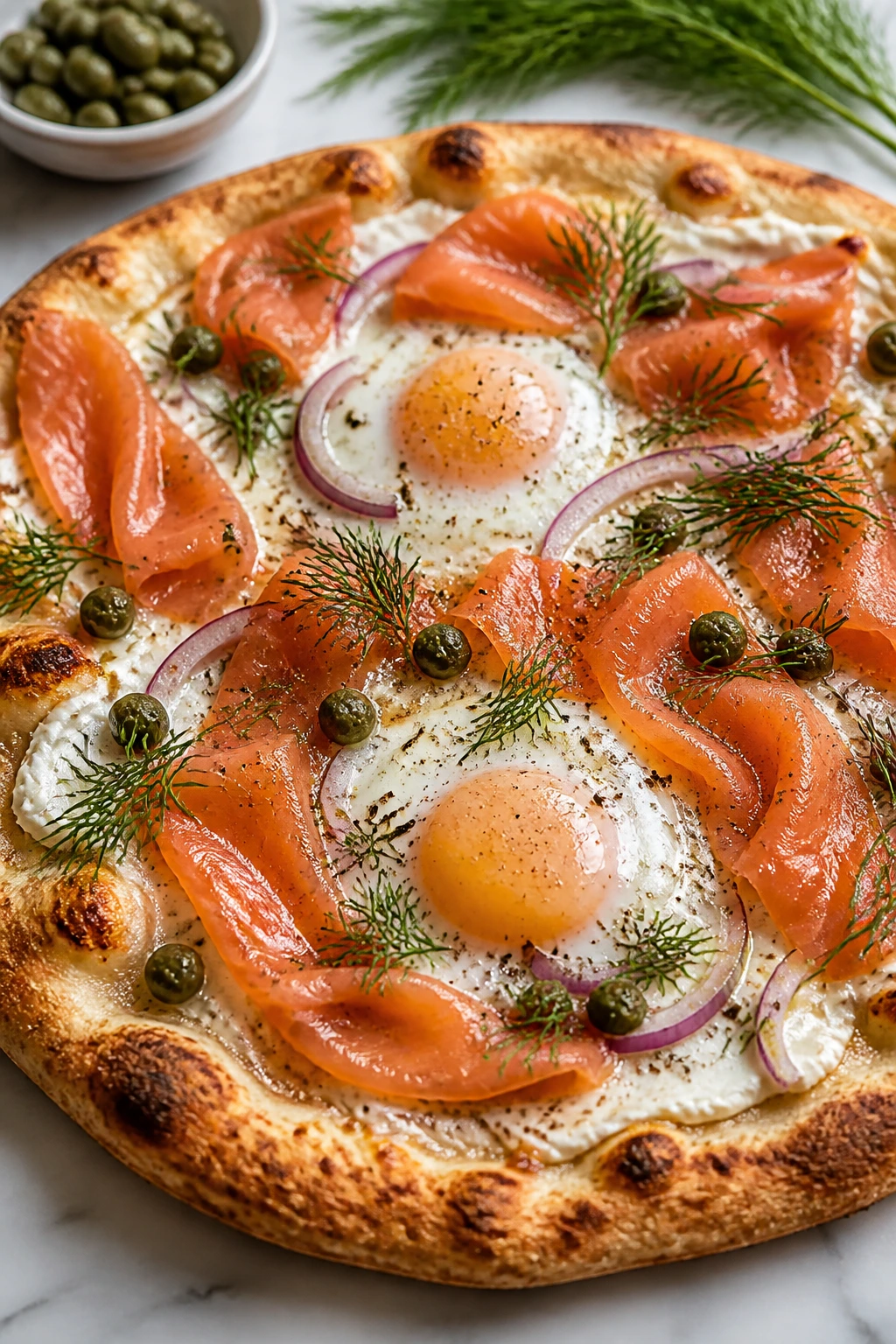 Close-up of Smoked Salmon and Dill Breakfast Pizza with salmon and dill