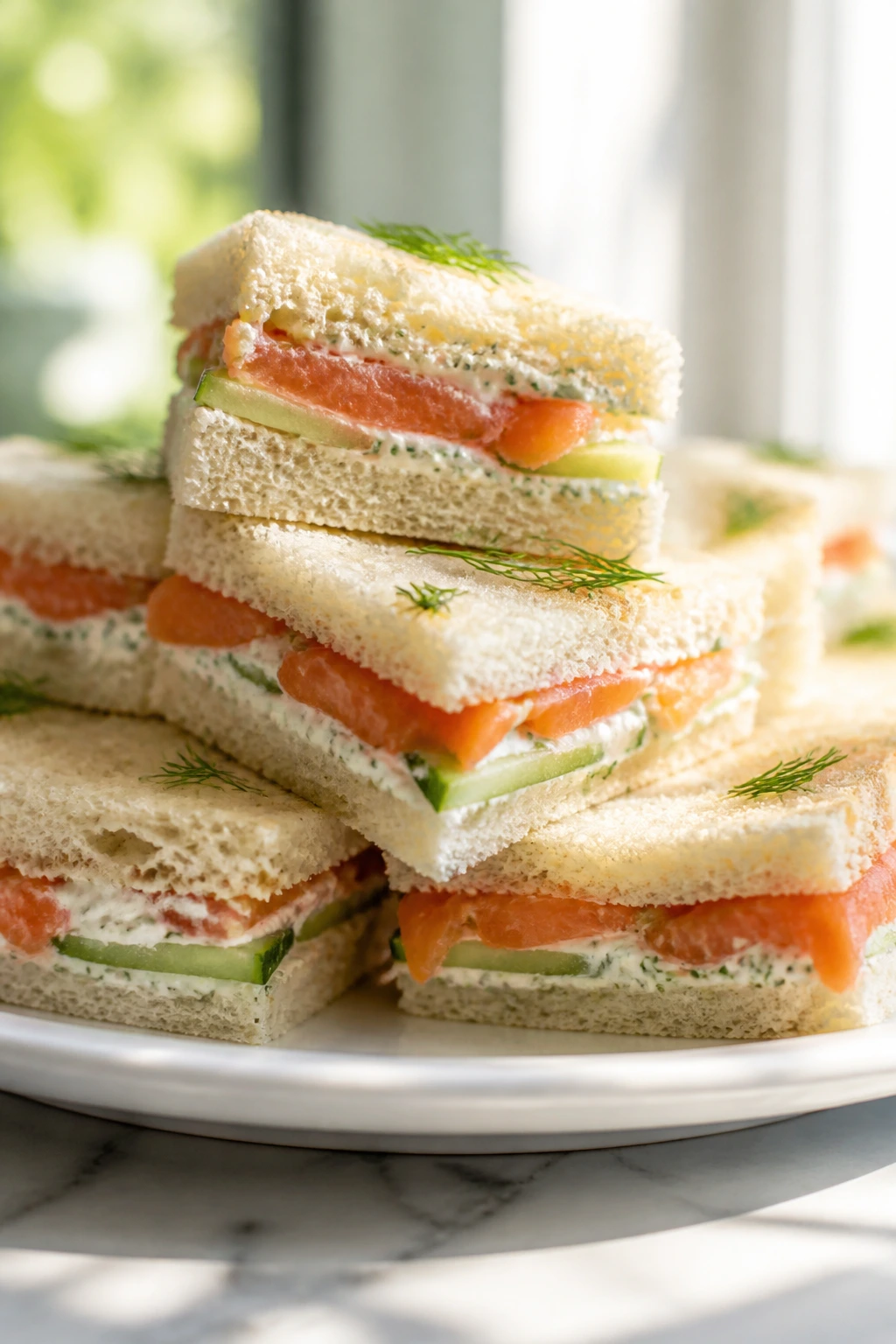 Close-up of smoked salmon tea sandwiches on plate
