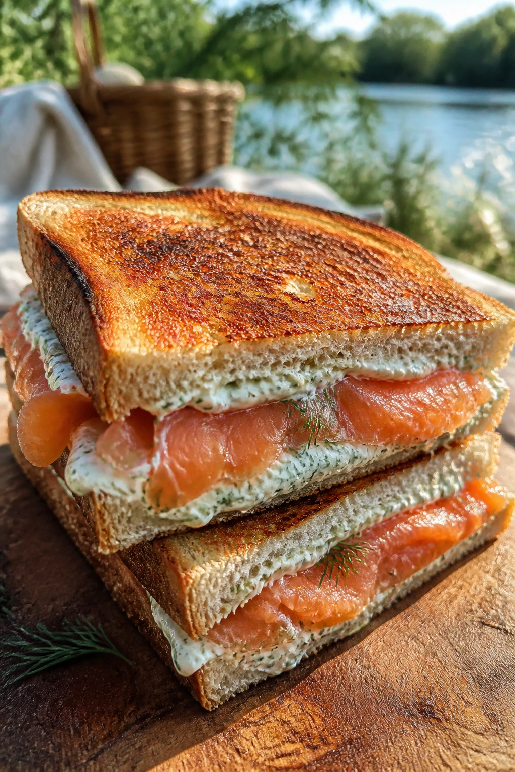 Toasted salmon and dill cream cheese toastie opened slightly to show filling