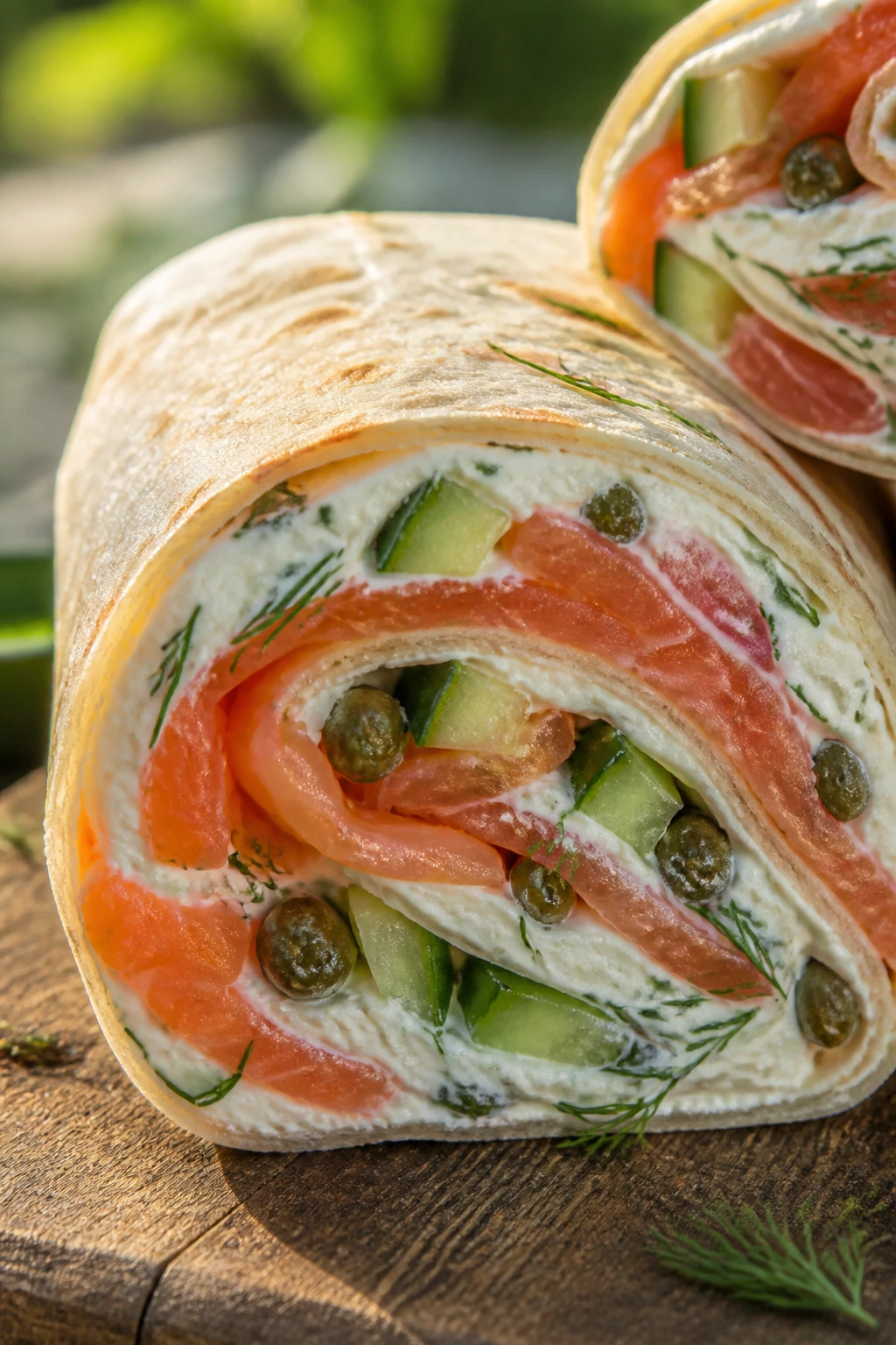 Cross-section of smoked salmon cream cheese wrap with dill and cucumber on a wooden board
