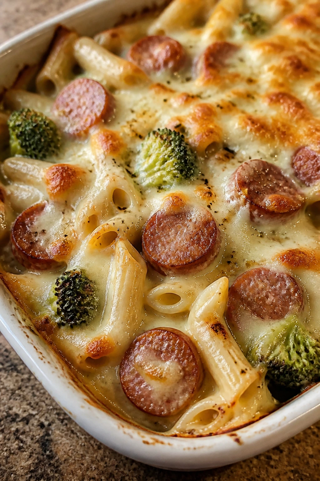 Creamy smoked sausage Alfredo bake with melted cheese