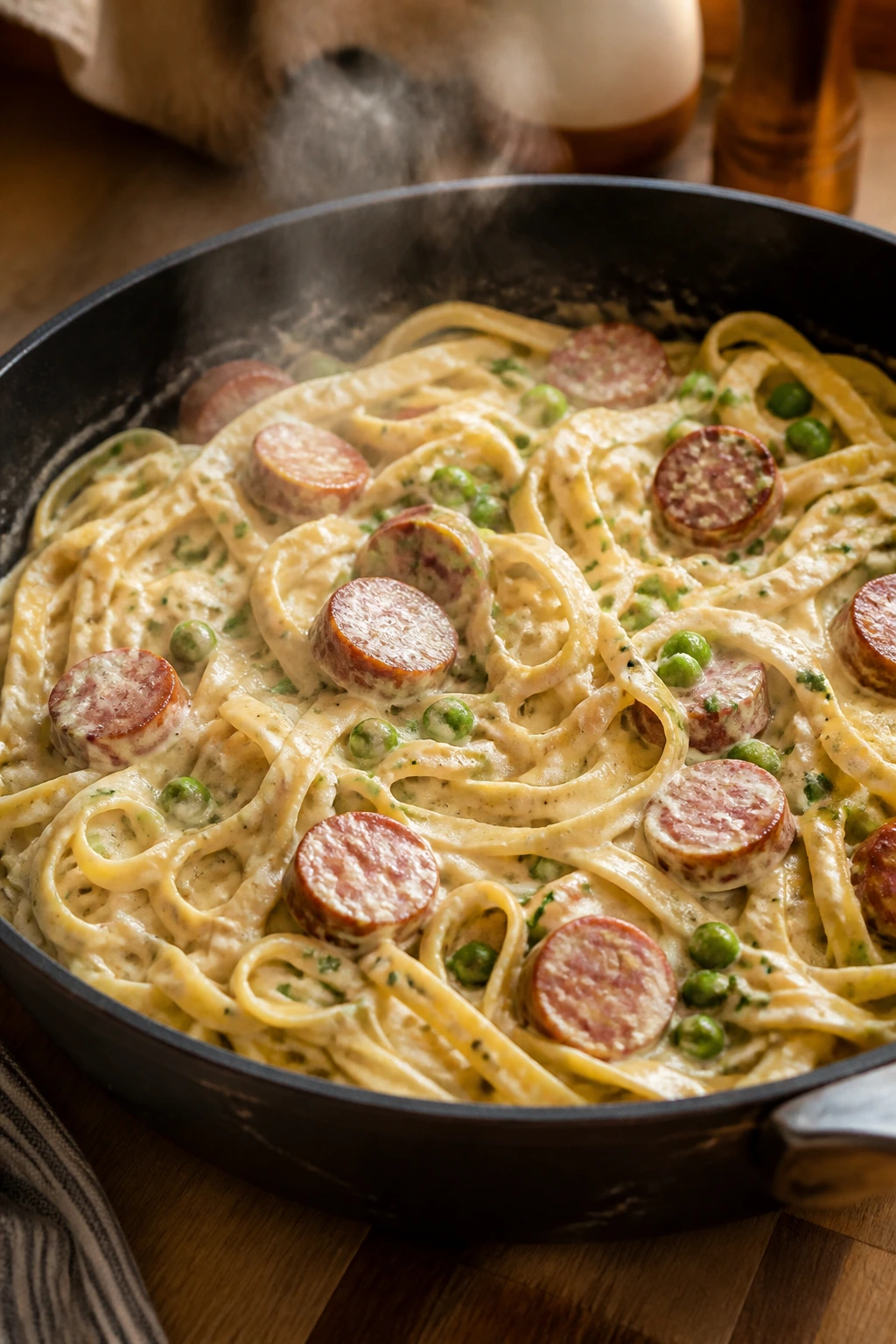 Skillet of smoked sausage alfredo with pasta and greens