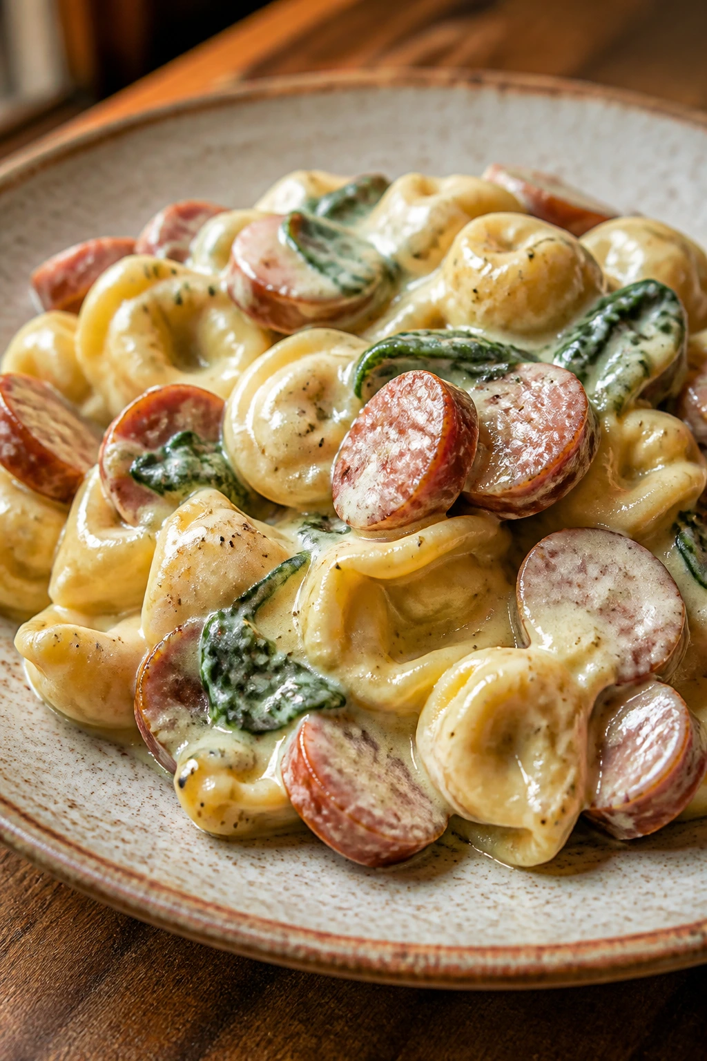 Close-up of smoked sausage Alfredo tortellini in creamy sauce with spinach on a rustic plate