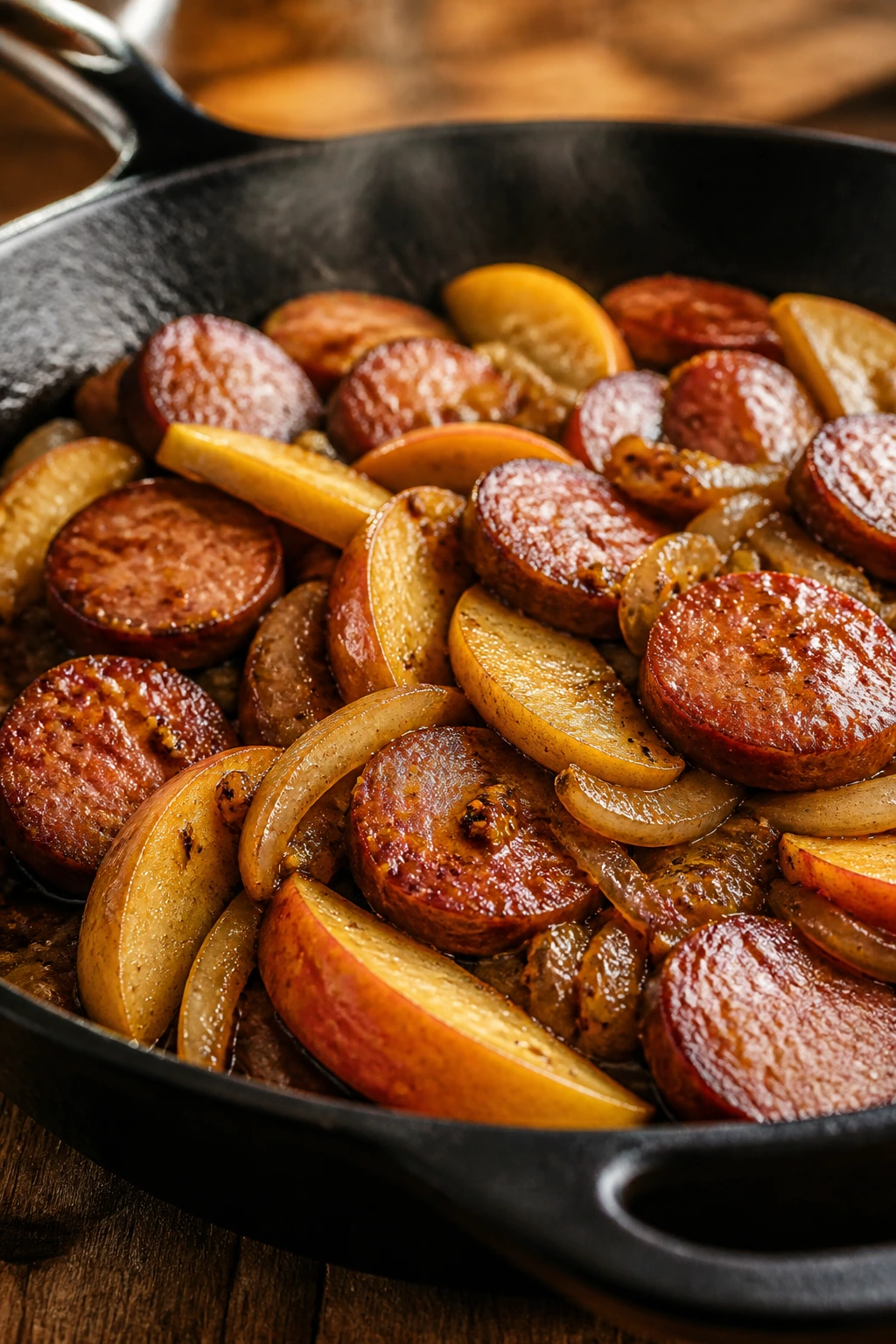 Close-up of smoked sausage with apples and Dijon in a skillet