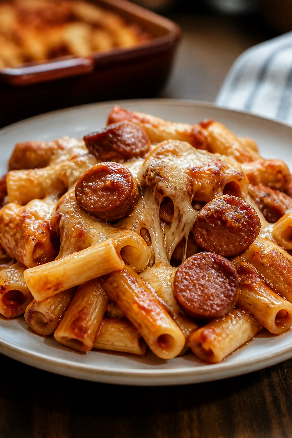 Plate of baked ziti with smoked sausage and melted cheese