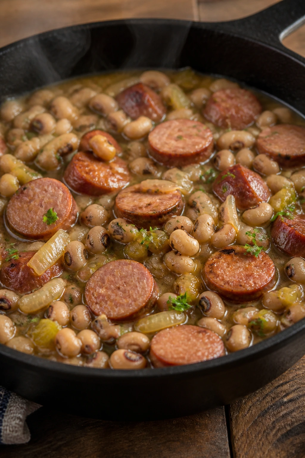 Skillet with smoked sausage and black-eyed peas
