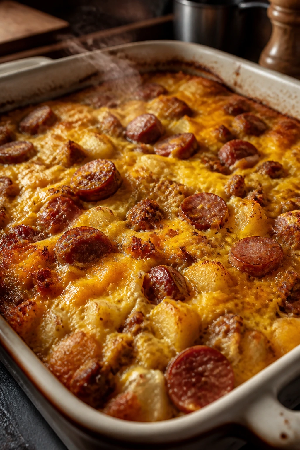 Close-up of breakfast casserole with sausage and cheese topping