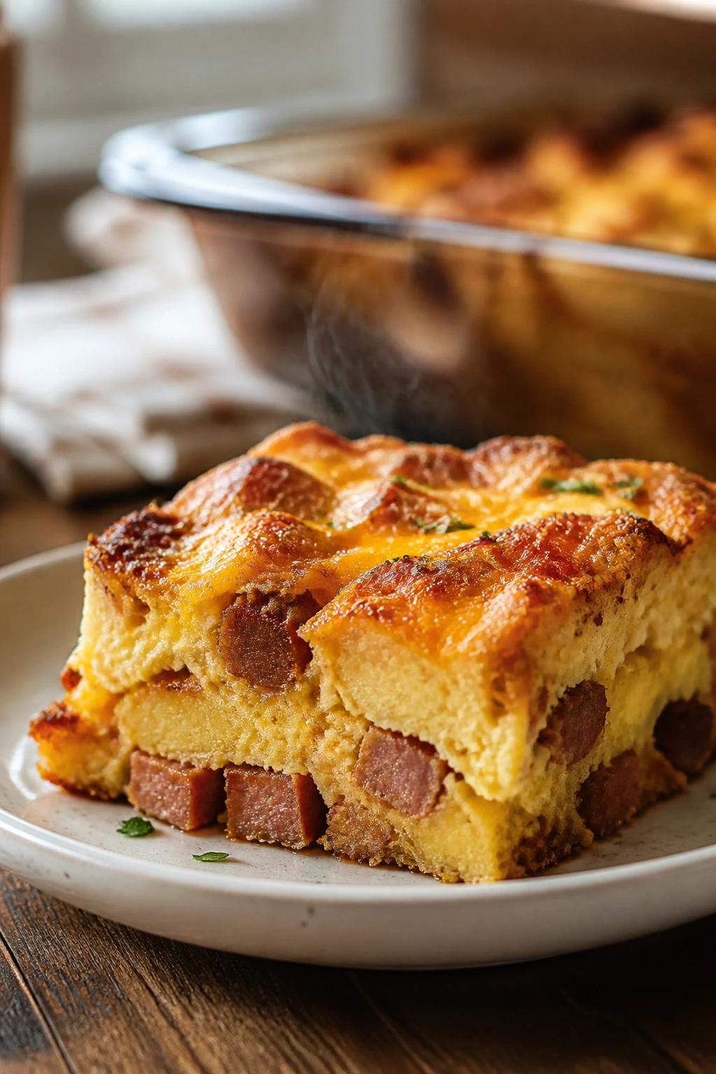 Close-up of a sausage breakfast casserole slice on a plate