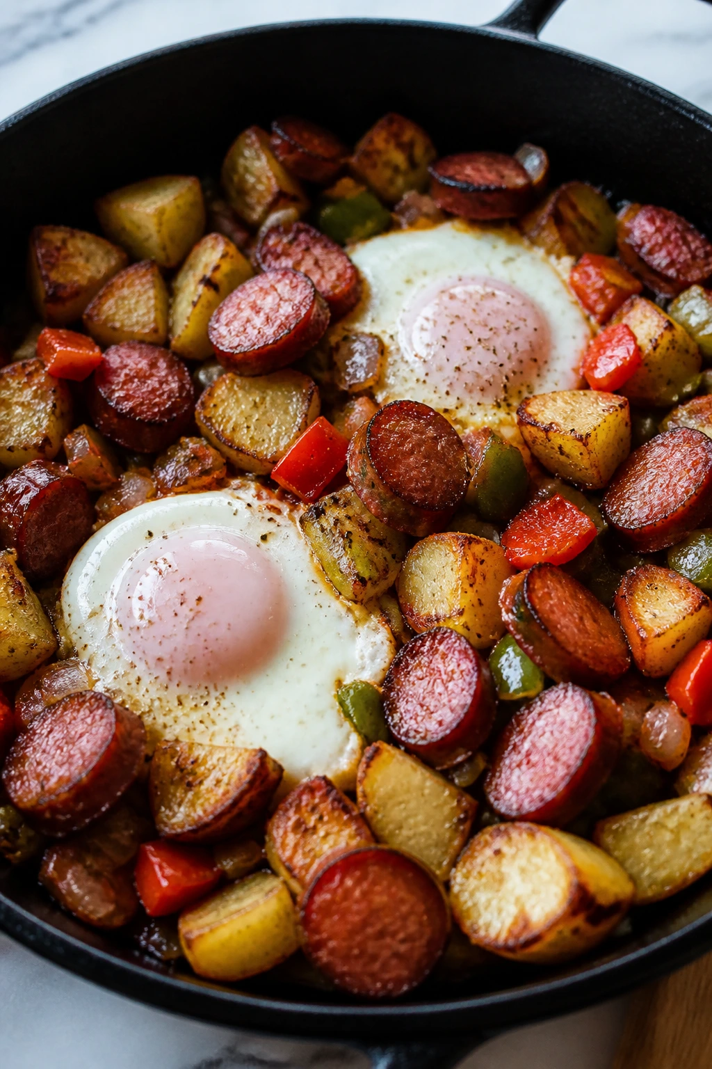 Skillet of breakfast hash with potatoes and smoked sausage and eggs