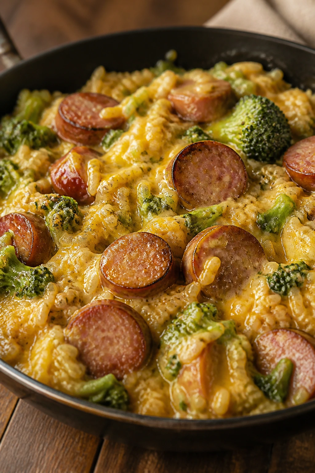 Creamy broccoli cheddar rice with smoked sausage