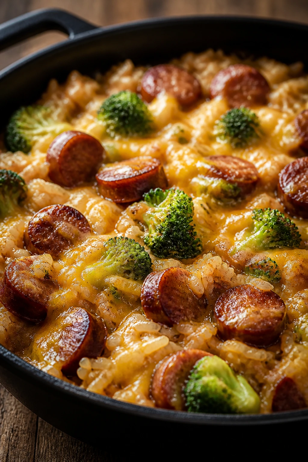 Skillet with broccoli, cheddar cheese and sausage in rice