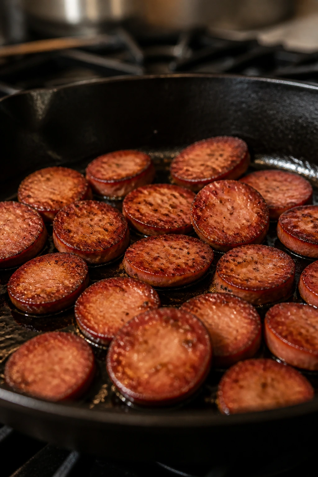 Sausage slices browning in a skillet