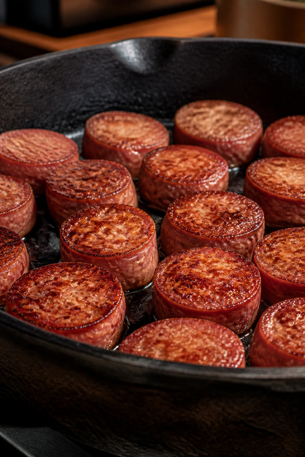 Sausage coins browning cut side down in a dry skillet in a kitchen