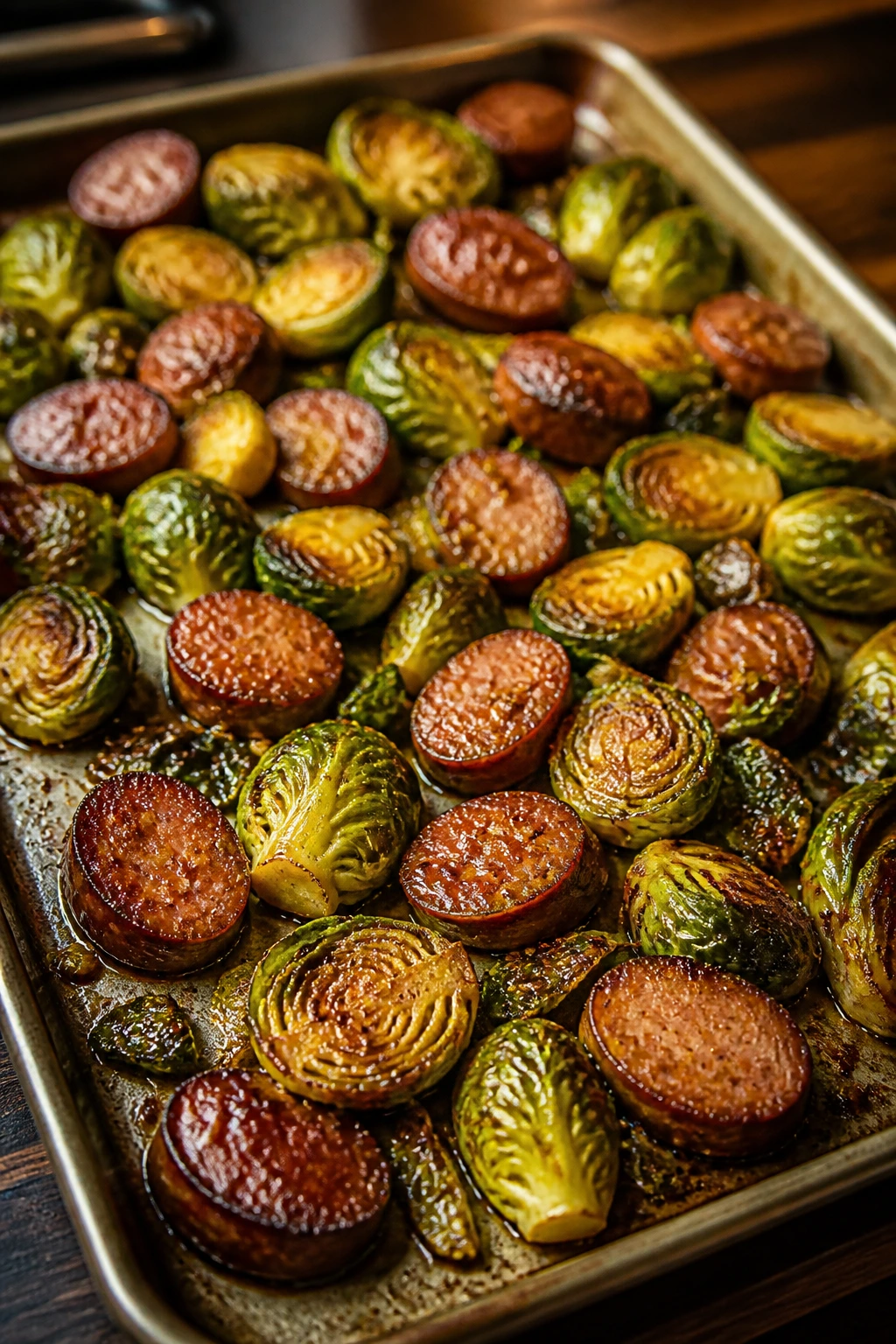 Sheet pan with roasted Brussels sprouts and sausage in maple mustard glaze