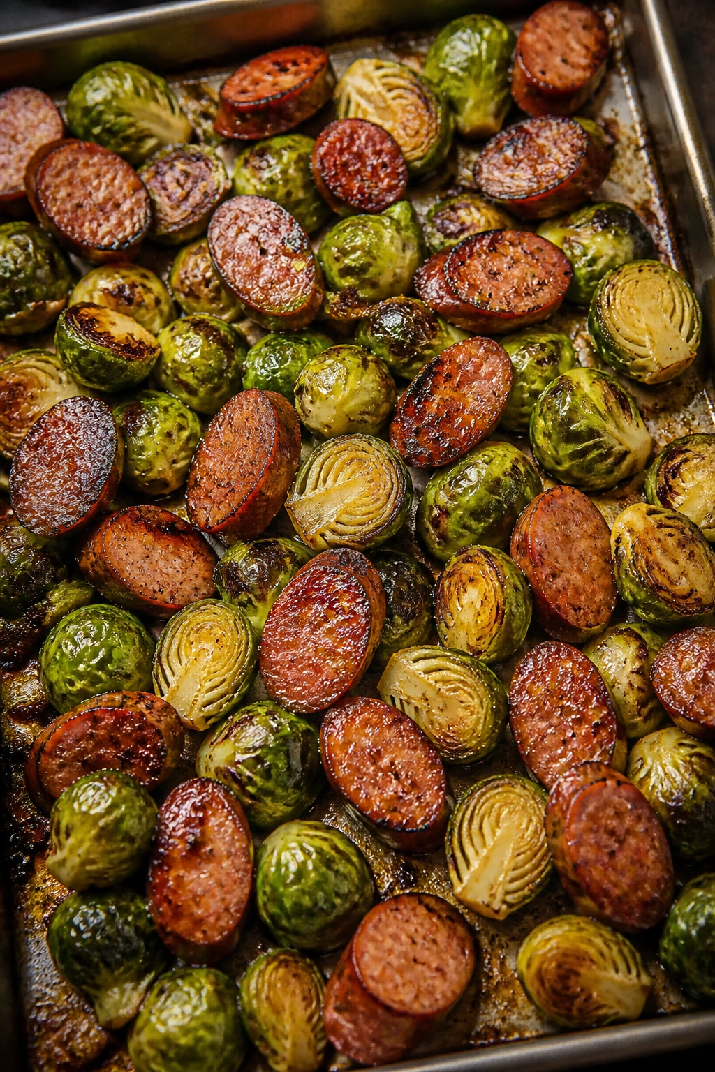 Roasted Brussels sprouts and sausage on a sheet pan with maple glaze