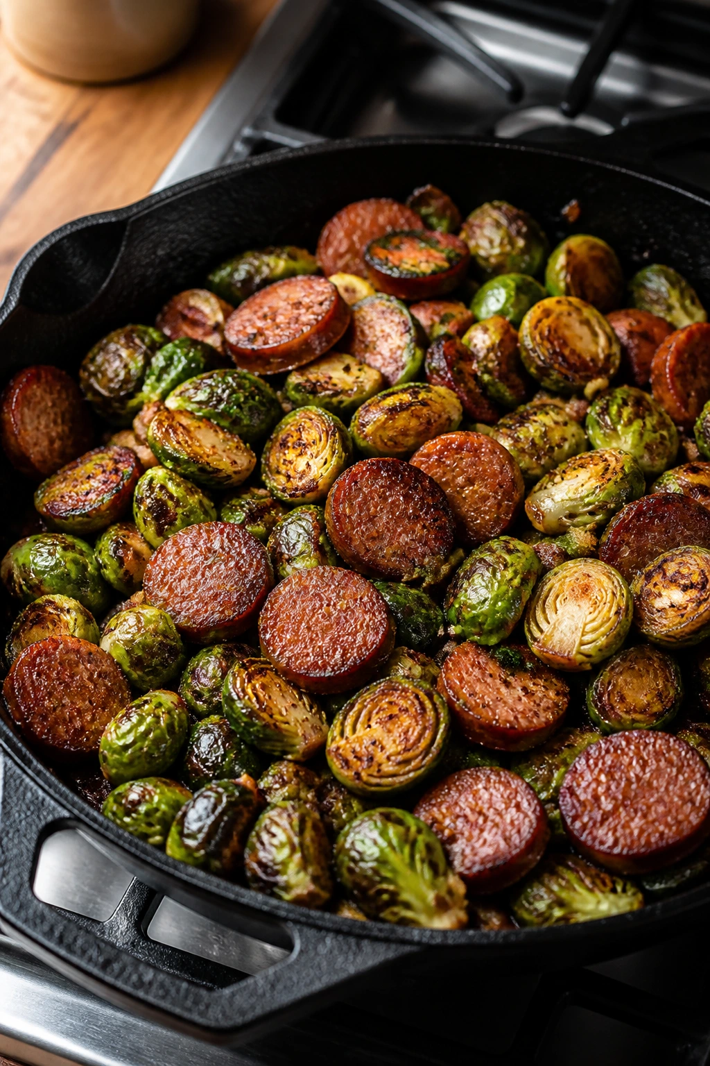 Cast-iron skillet with browned sausage and Brussels sprouts on a kitchen counter
