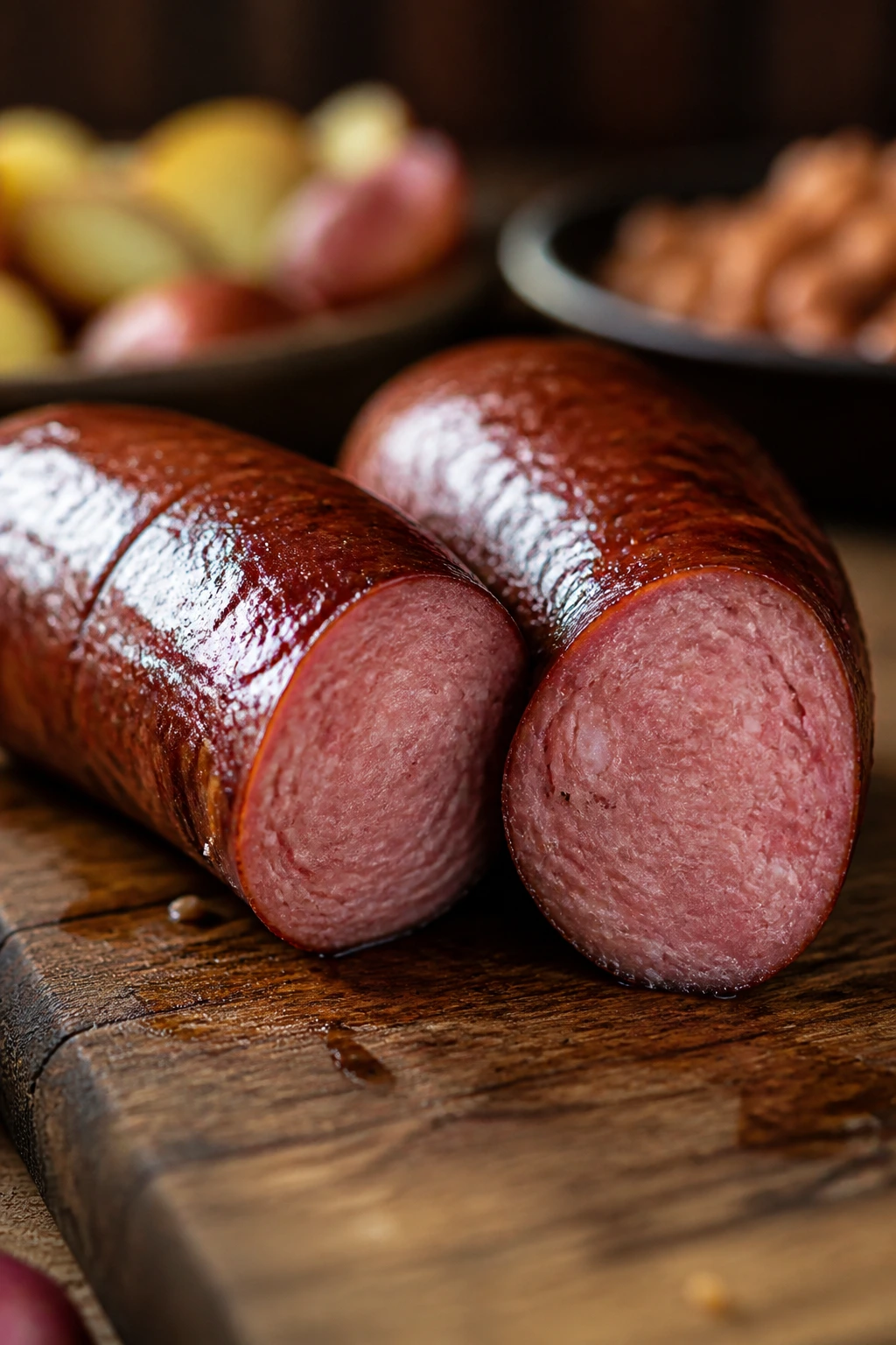 Smoked sausage on a wooden board with subtle side dishes