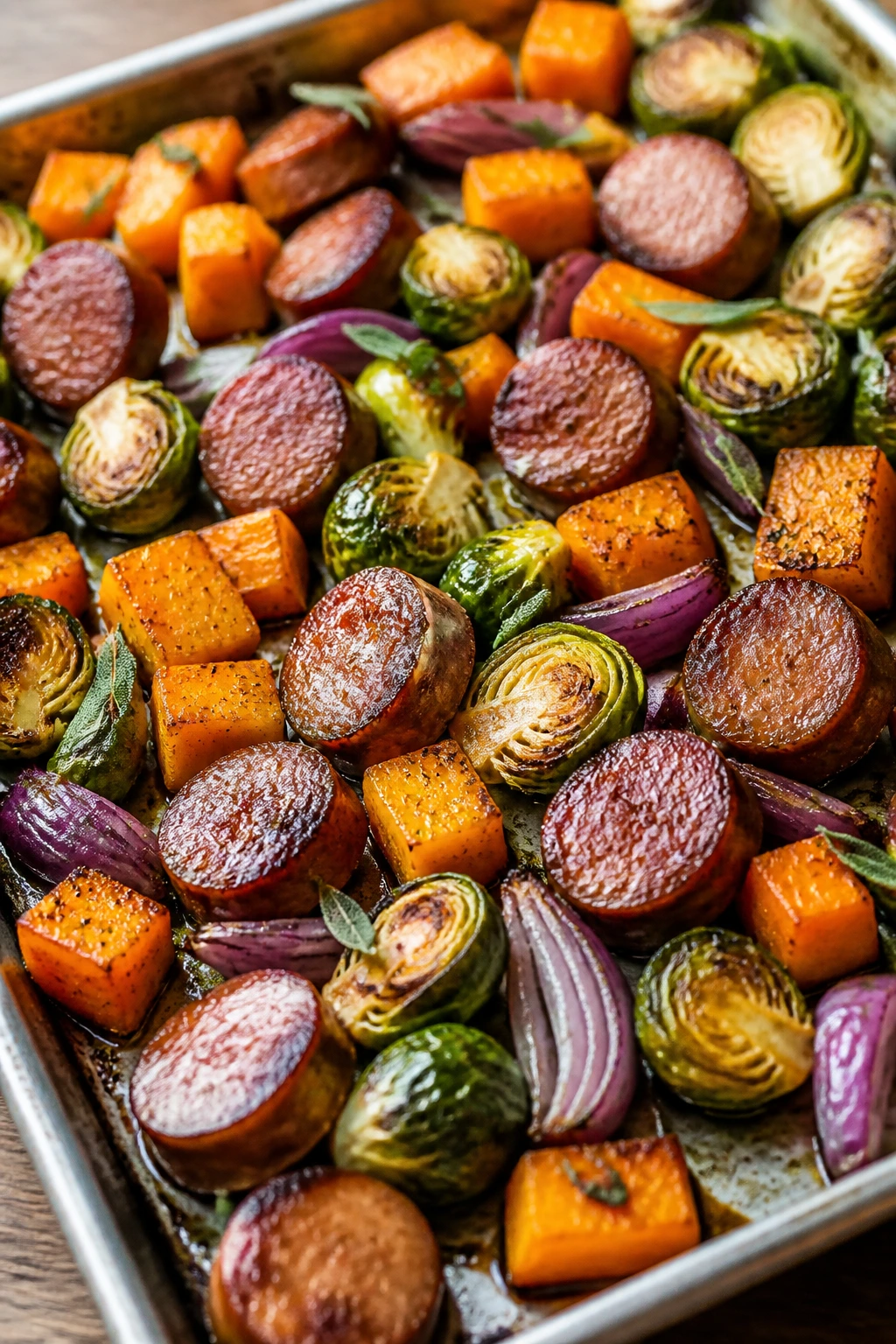 Close-up of smoked sausage with butternut squash and Brussels sprouts on a roasted sheet pan