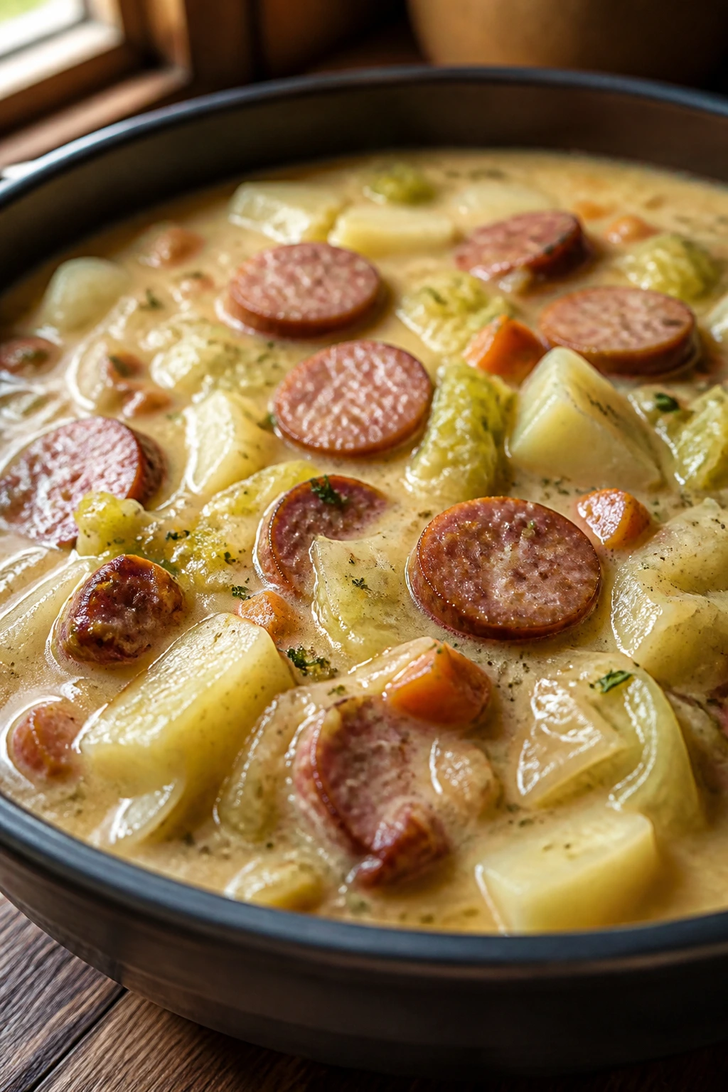 Close-up of smoked sausage and cabbage chowder in a bowl.