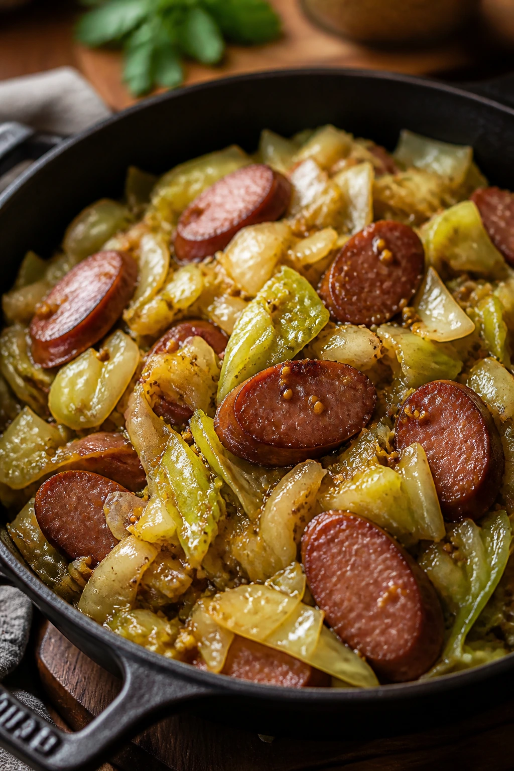 Sautéed cabbage with smoked sausage and butter