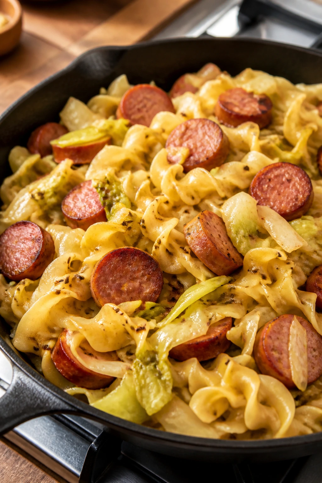 Skillet with cabbage noodles and smoked sausage