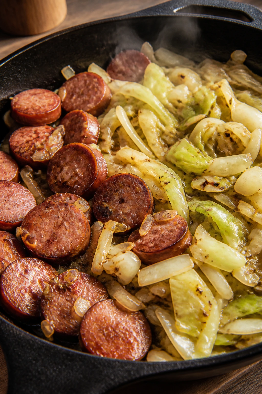 Skillet with browned sausage and cabbage