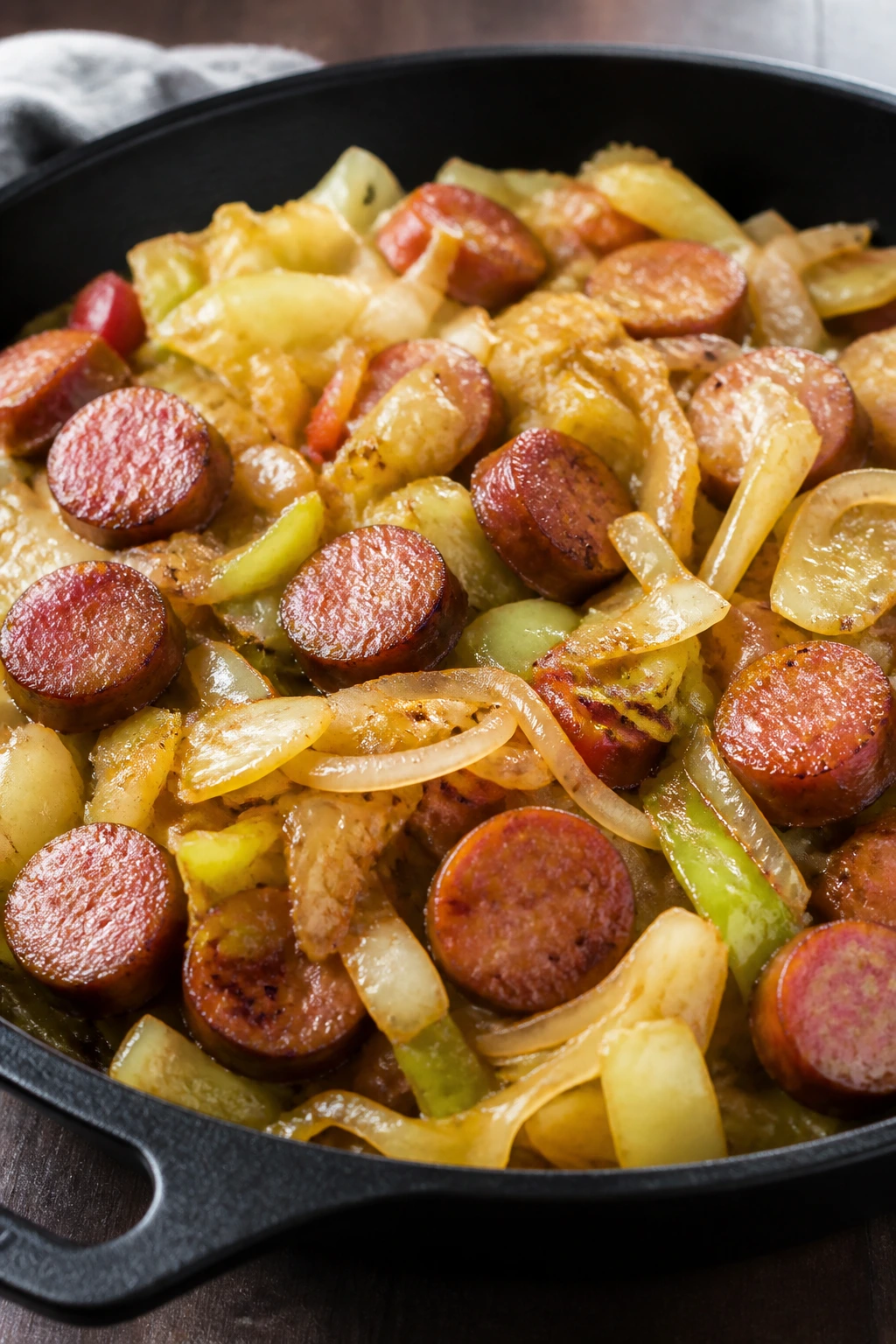Skillet with sausage and cabbage filling the frame