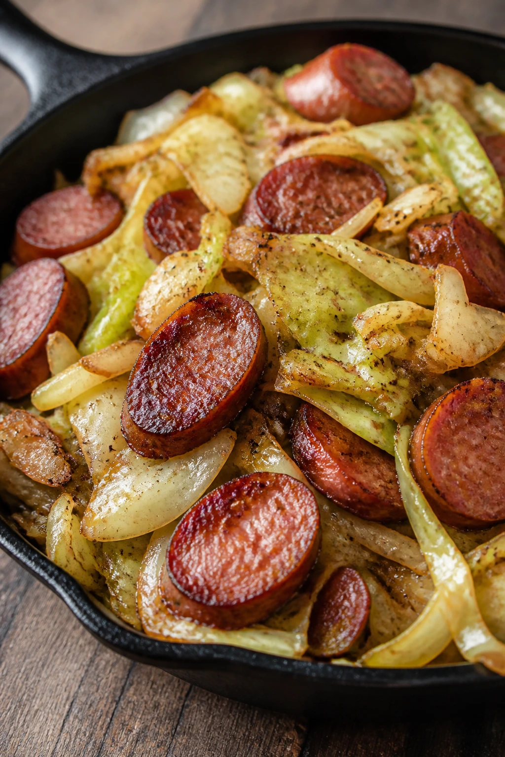 Sliced smoked sausage with caramelized cabbage in a skillet