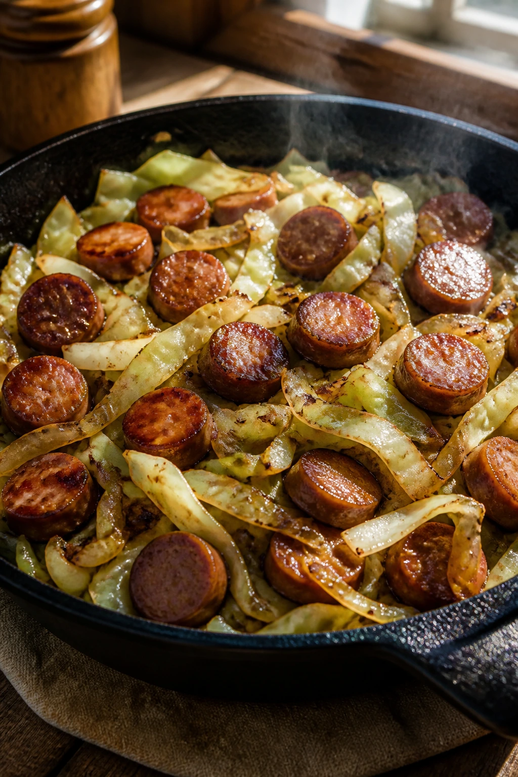 Close-up of smoked sausage and cabbage skillet with onions in a cast-iron pan