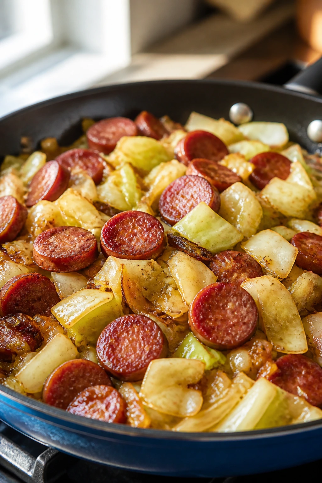Sausage and cabbage in a skillet, glossy and browned