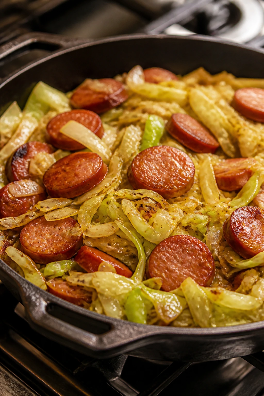 Skillet with cabbage and smoked sausage in pan sauce