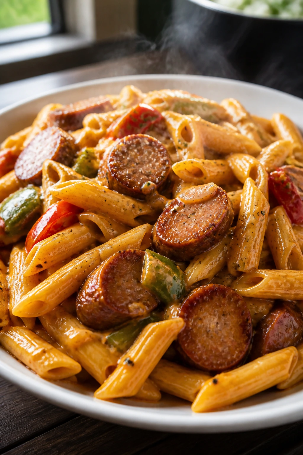 Cajun pasta with smoked sausage on plate