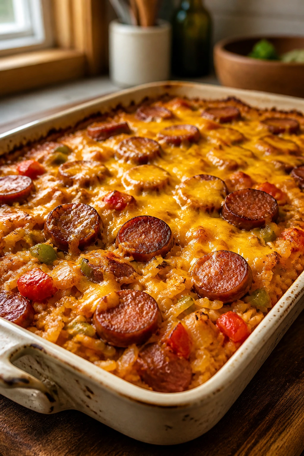 Close-up of smoked sausage and rice casserole in a glass baking dish with cheddar topping