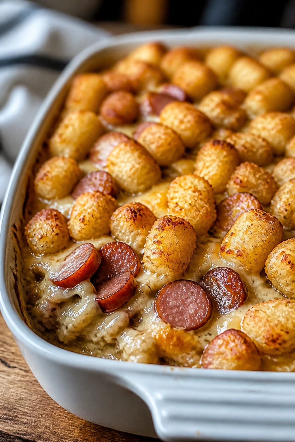 Close-up of smoked sausage tater tot casserole bubbling in a baking dish