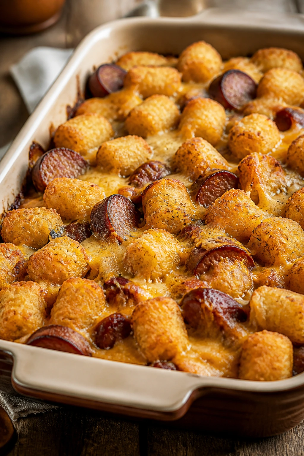 Close-up of bubbling smoked sausage tater tot casserole with crispy tops