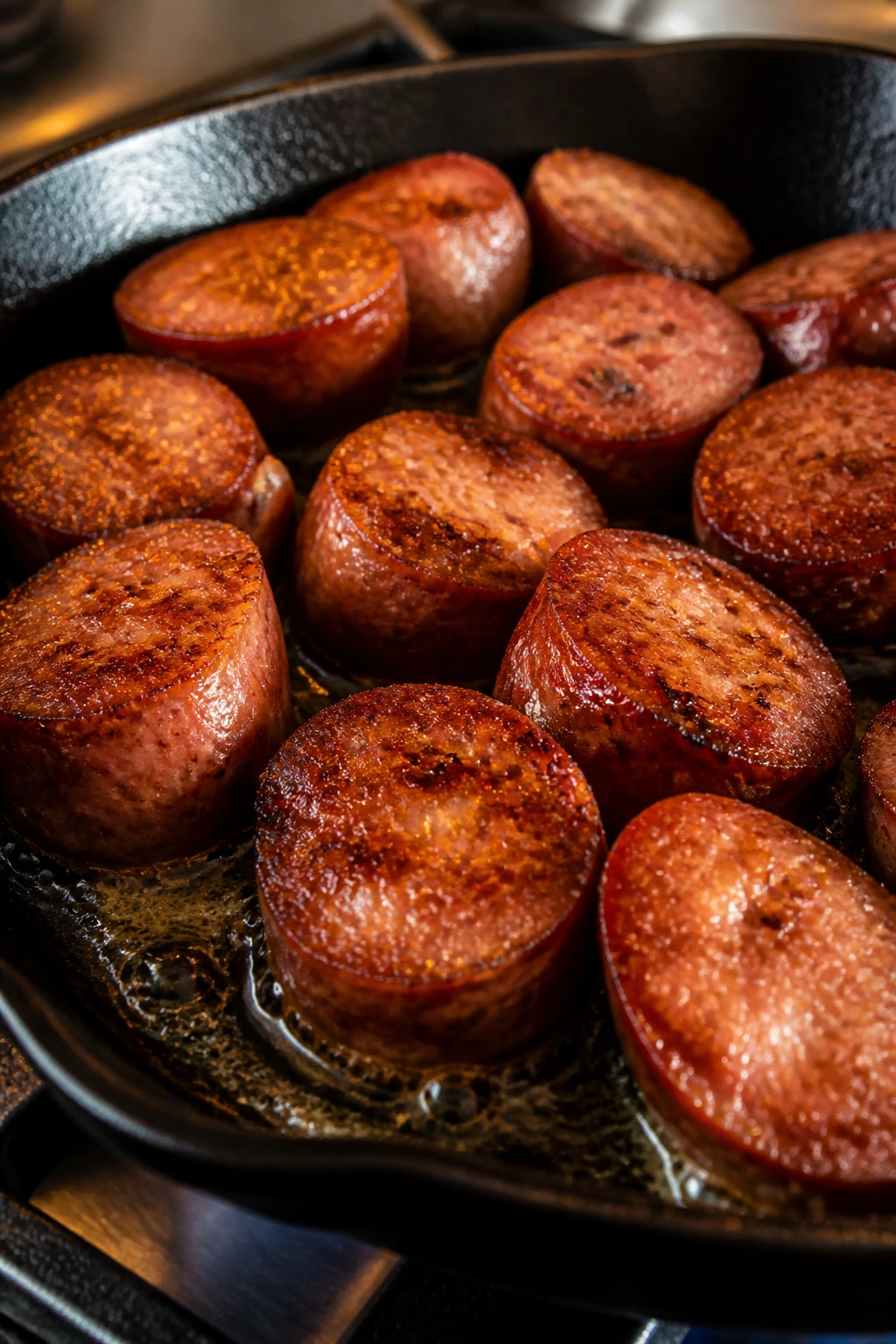 Crisp browned smoked sausage in cast-iron skillet