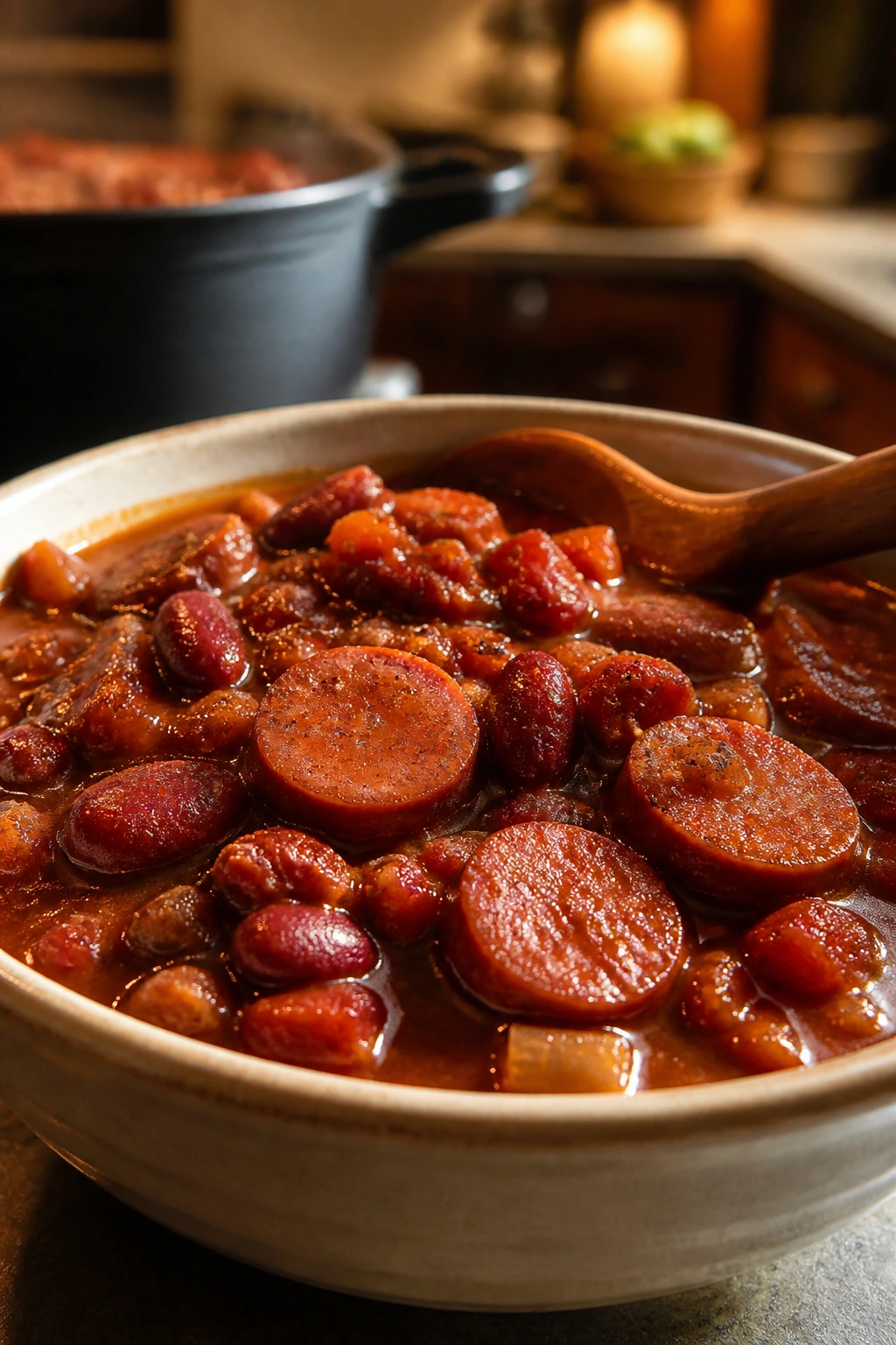 Hearty smoked sausage chili in a bowl