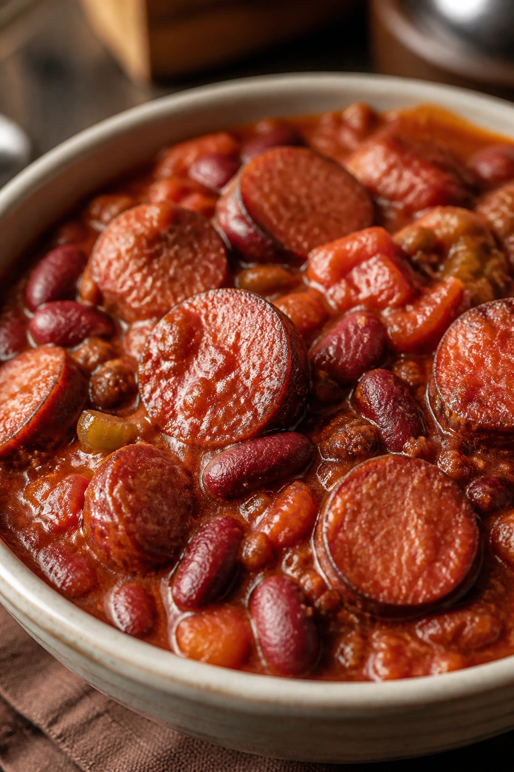 Bowl of smoked sausage chili with beans and tomatoes