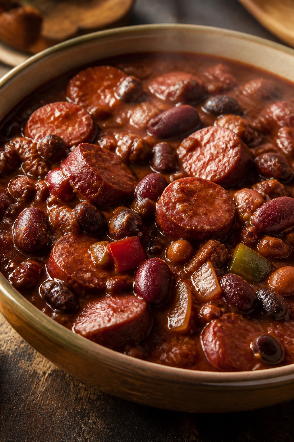 Steaming bowl of smoked sausage chili with beans in a thick tomato base