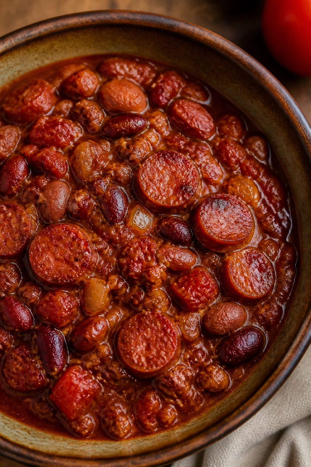 Thick smoked sausage chili with beans in a rustic bowl