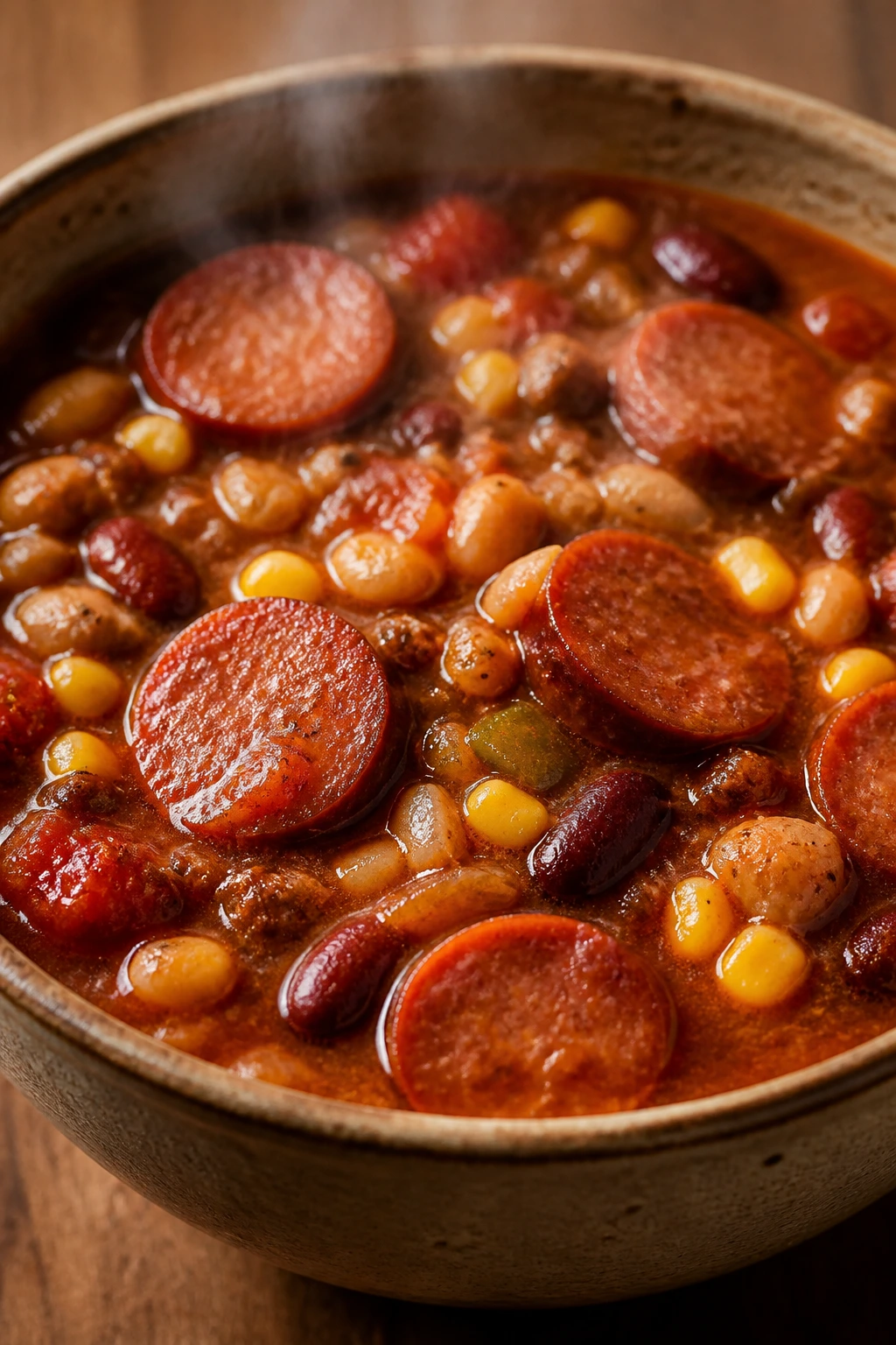 Close-up of smoked sausage chili with beans and corn in a bowl