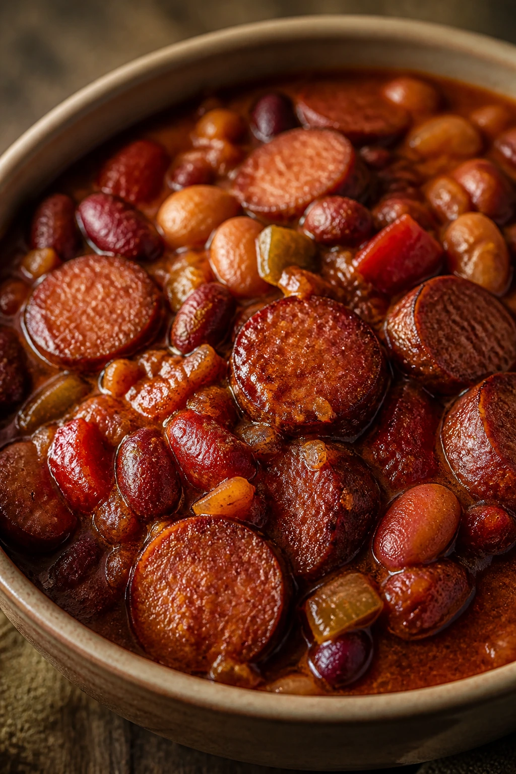 Close-up of smoked sausage chili with beans in a rich red broth